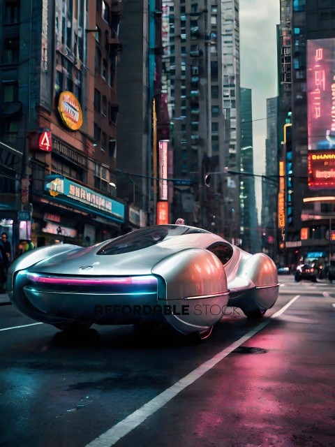 Futuristic Cars on a Rainy Street in a City