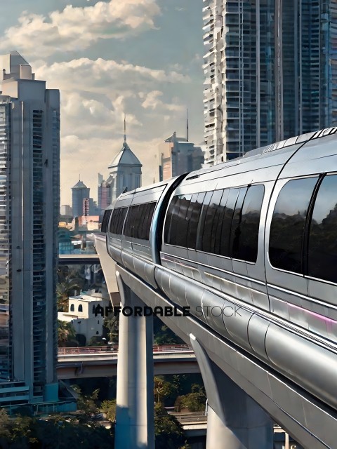 A futuristic train travels through a city
