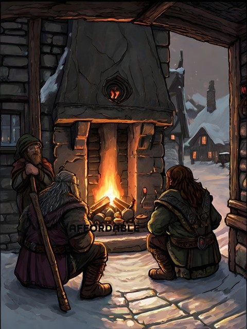 Three men sit in front of a fireplace in a snowy village
