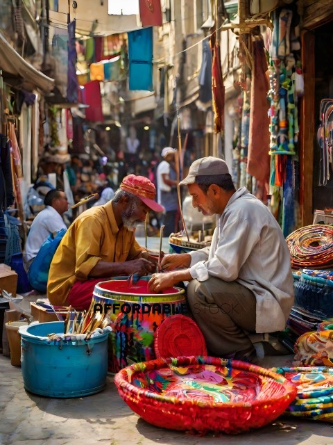 Two men working on crafts in a crowded marketplace