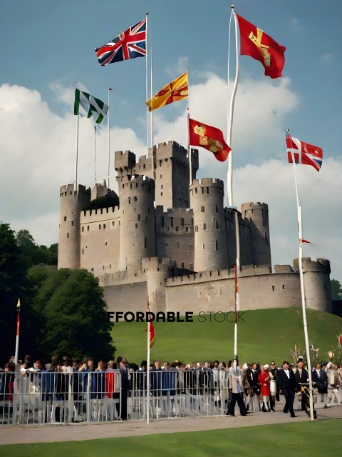 People are gathered in front of a castle with flags