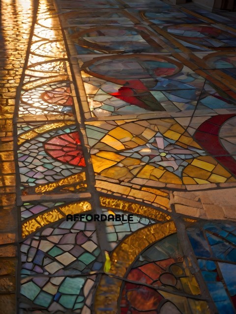 A mosaic of glass with a sun shining through