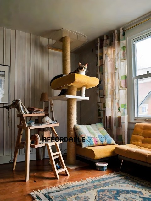 A cat on a cat tree in a living room