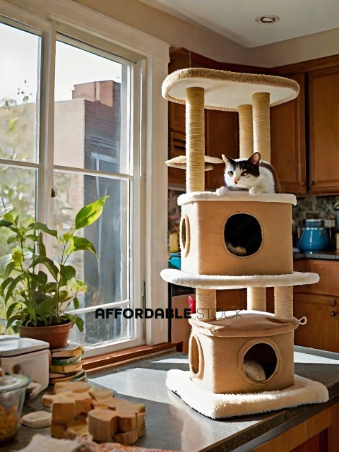 A cat's perching spot on a multi-tiered cat tree