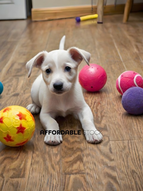 A small white dog sitting on a wooden floor with balls