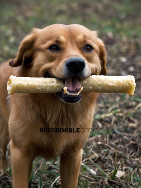 A brown dog carrying a stick in its mouth