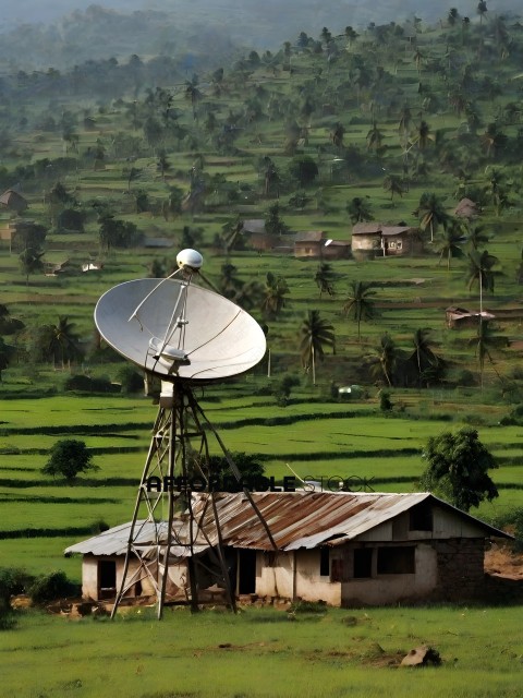 A satellite dish sits on a roof of a small building in a rural area