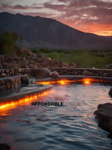 A hot tub with a mountain in the background