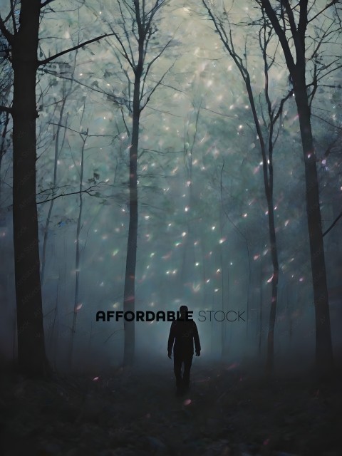 A man walks through a forest at night, surrounded by a haze of lights