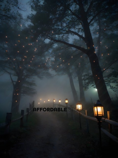 A pathway with lights in the woods