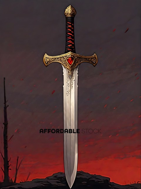 A sword with a red heart on it