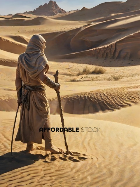 A person in a desert with a stick