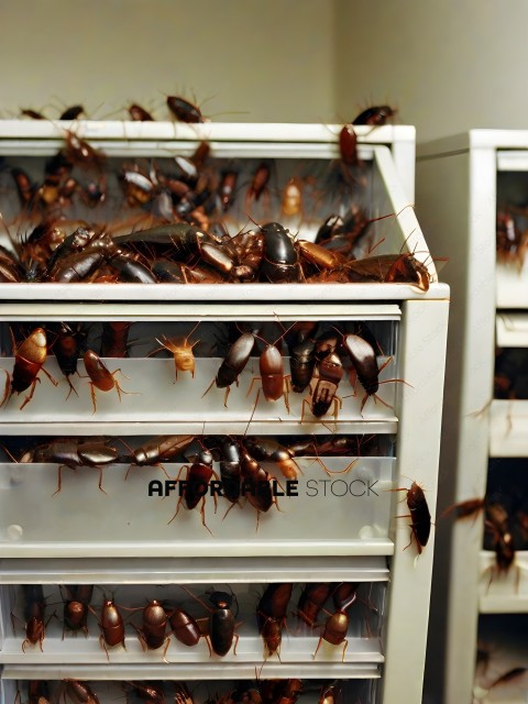 A large number of cockroaches in a plastic container