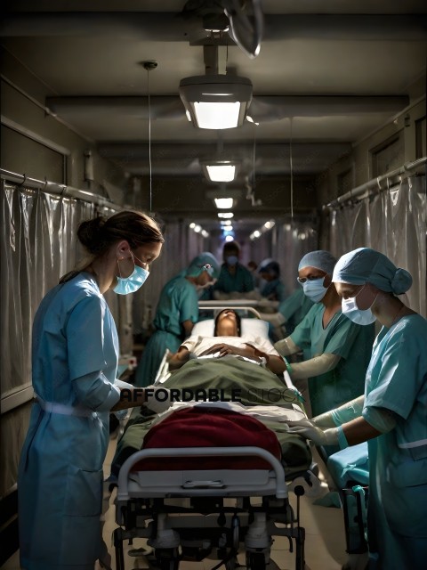 Nurses and doctors in blue scrubs working on a patient in a hospital