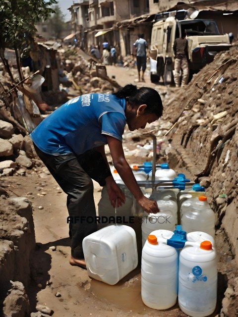 A woman pouring water from a bottle into a container