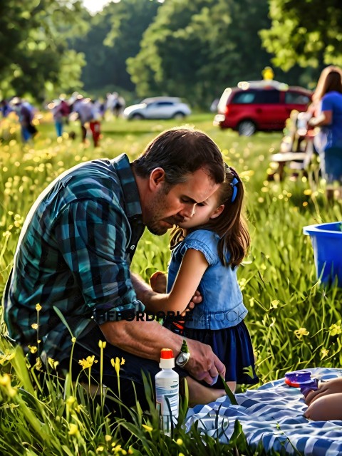 Man and little girl in a field