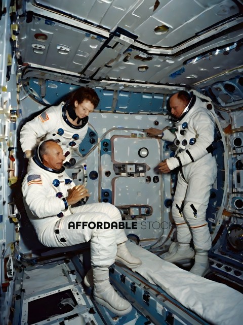 Three Astronauts in Space Suits in a Space Shuttle
