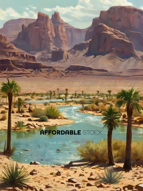 A desert scene with palm trees and a river