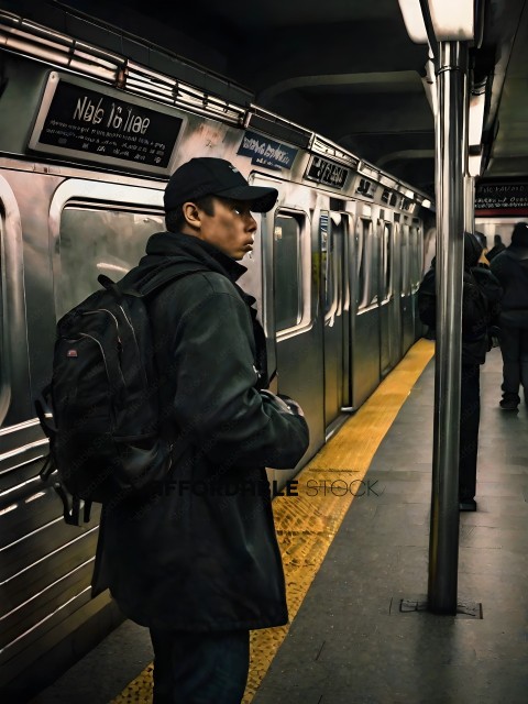 A man with a backpack waits for the subway