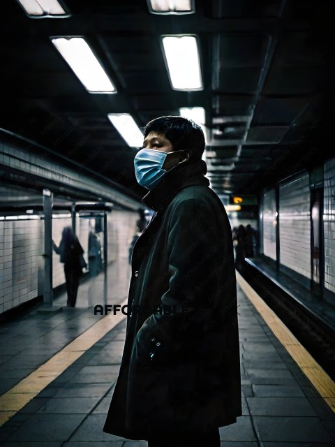 A man wearing a mask and a green coat standing in a subway station