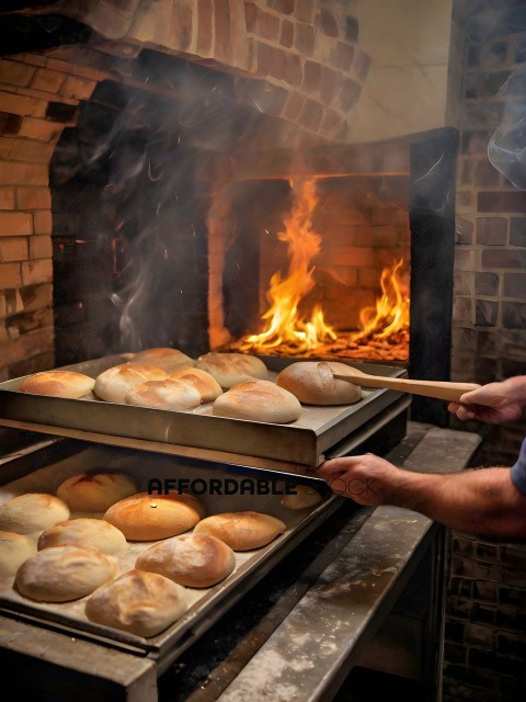 A man is cooking bread in a brick oven