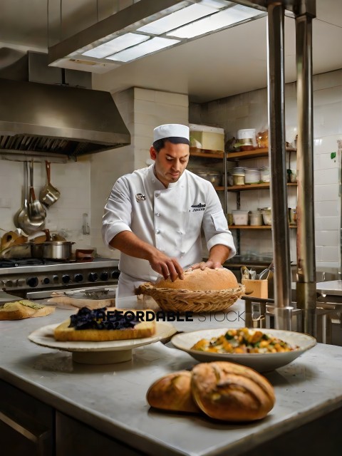 A chef in a white uniform prepares food in a kitchen