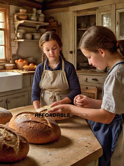 Two girls kneading bread in a kitchen