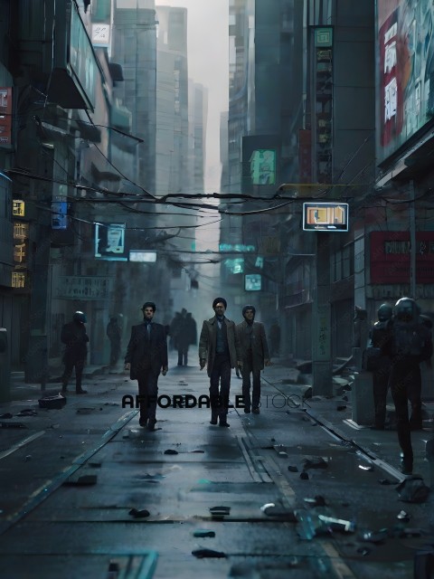 Three men walking down a street in a city