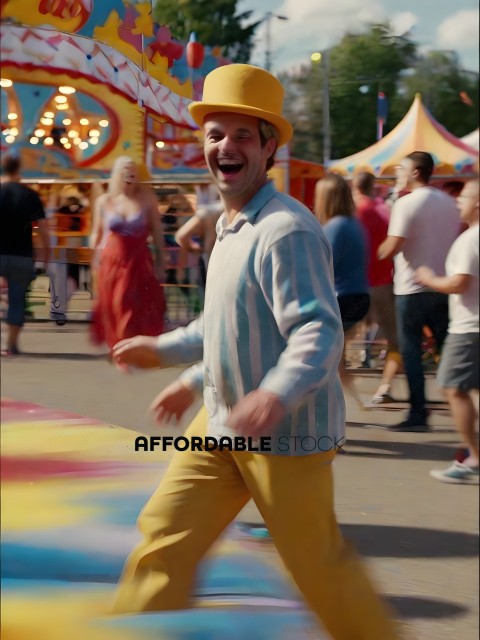 A man in a striped shirt and yellow hat is laughing