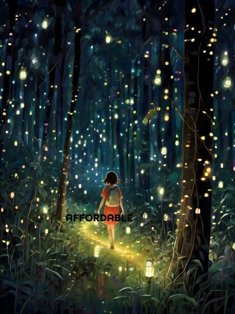A girl walking through a forest with a trail of lights behind her