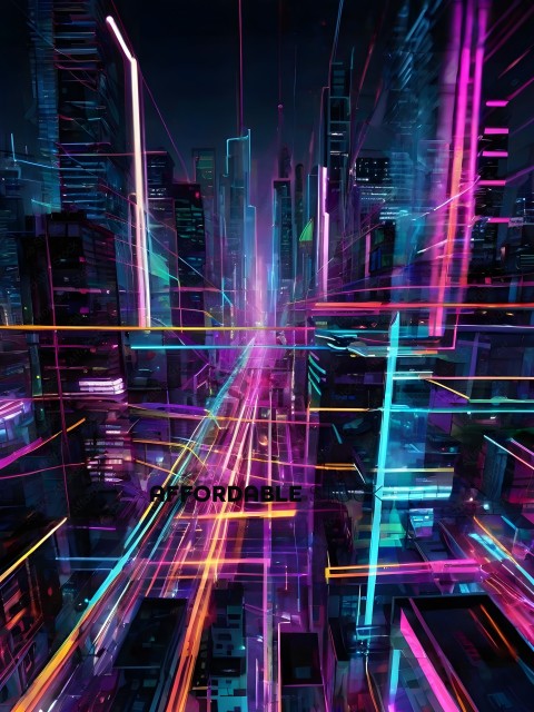 A futuristic cityscape with neon lights and skyscrapers