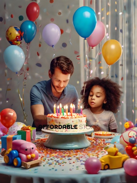 A man and a little girl are blowing out candles on a birthday cake