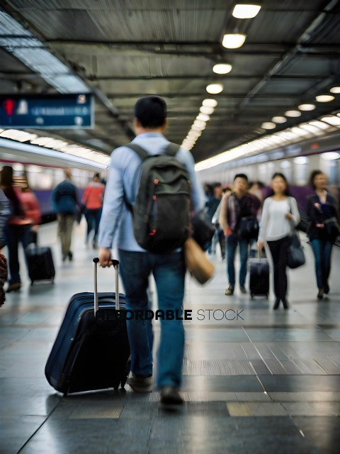 Man with a backpack pulling a suitcase through a crowded station