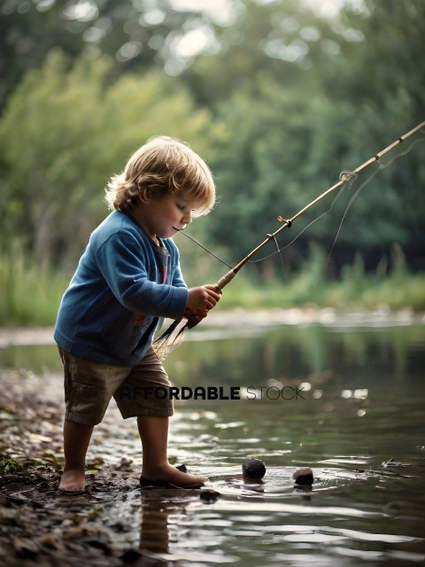 Little boy fishing in a pond