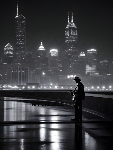 A man playing guitar on a bridge at night