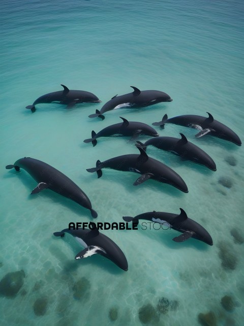 A group of black and white whales swimming in the ocean