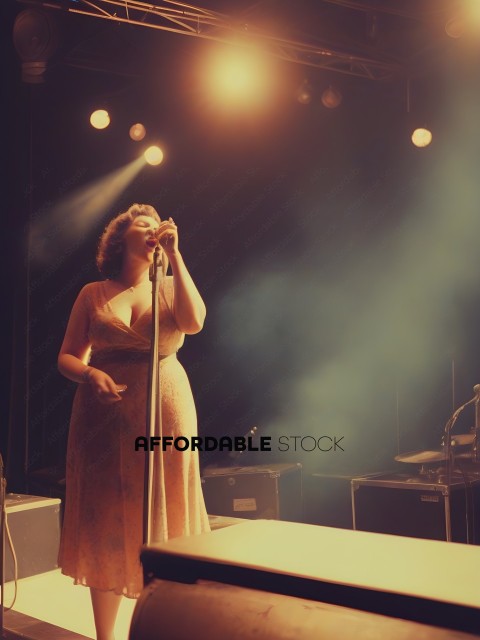A woman wearing a dress is singing into a microphone