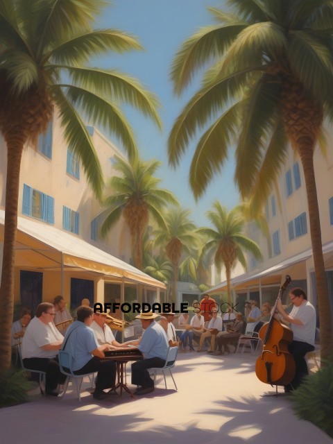 A group of people playing music in a tropical setting