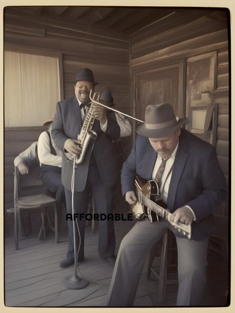 Two men playing guitars in a wooden building