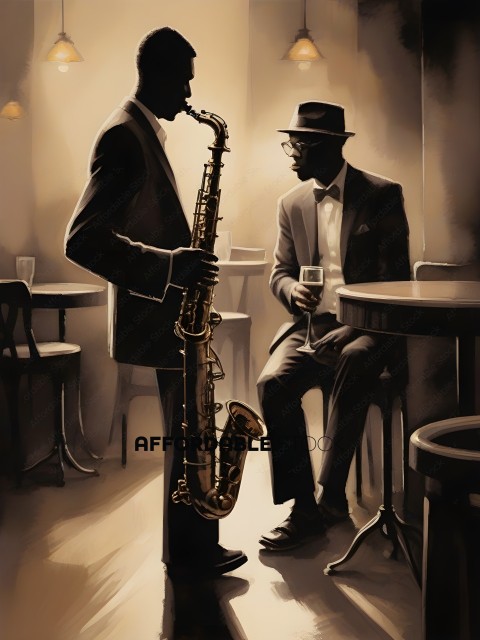 Two men having a conversation while one plays a saxophone