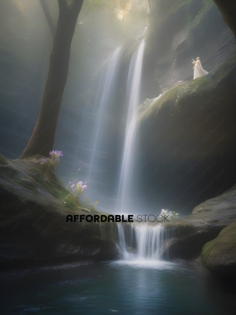 A waterfall with a bride and groom on the top
