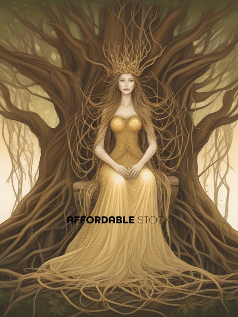 A woman wearing a gold dress sitting in a tree