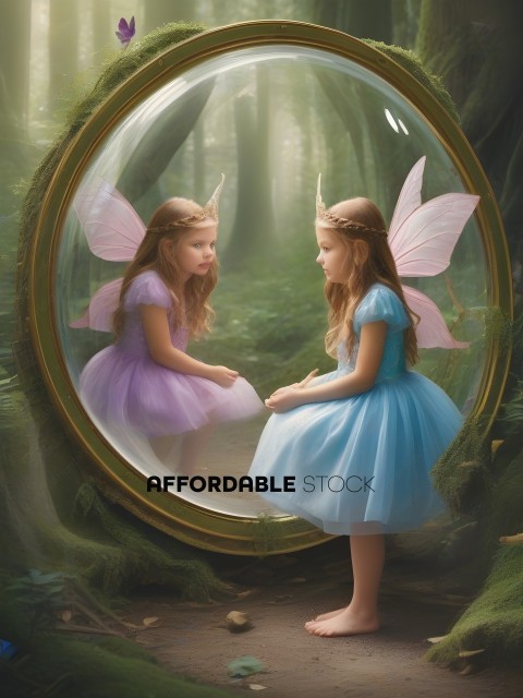 Two young girls in fairy costumes looking at each other in a mirror