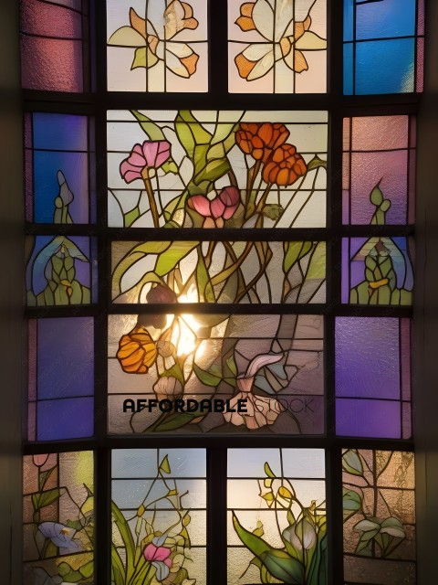 A stained glass window with flowers and leaves