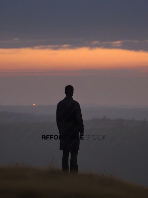 A man standing on a hill looking at the sunset
