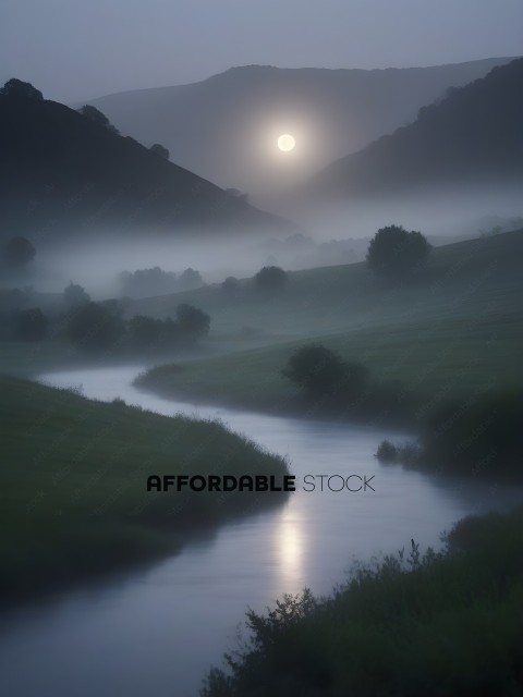 A beautiful scene of a river at night with a full moon