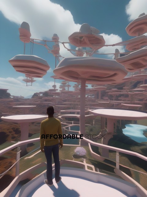 A man standing on a balcony looking at a city of pink structures