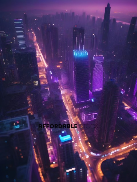 A cityscape at night with purple lights