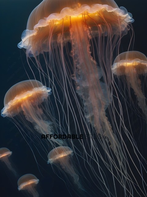 A group of jellyfish with long tentacles