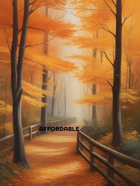 A painting of a path through a forest with a fence